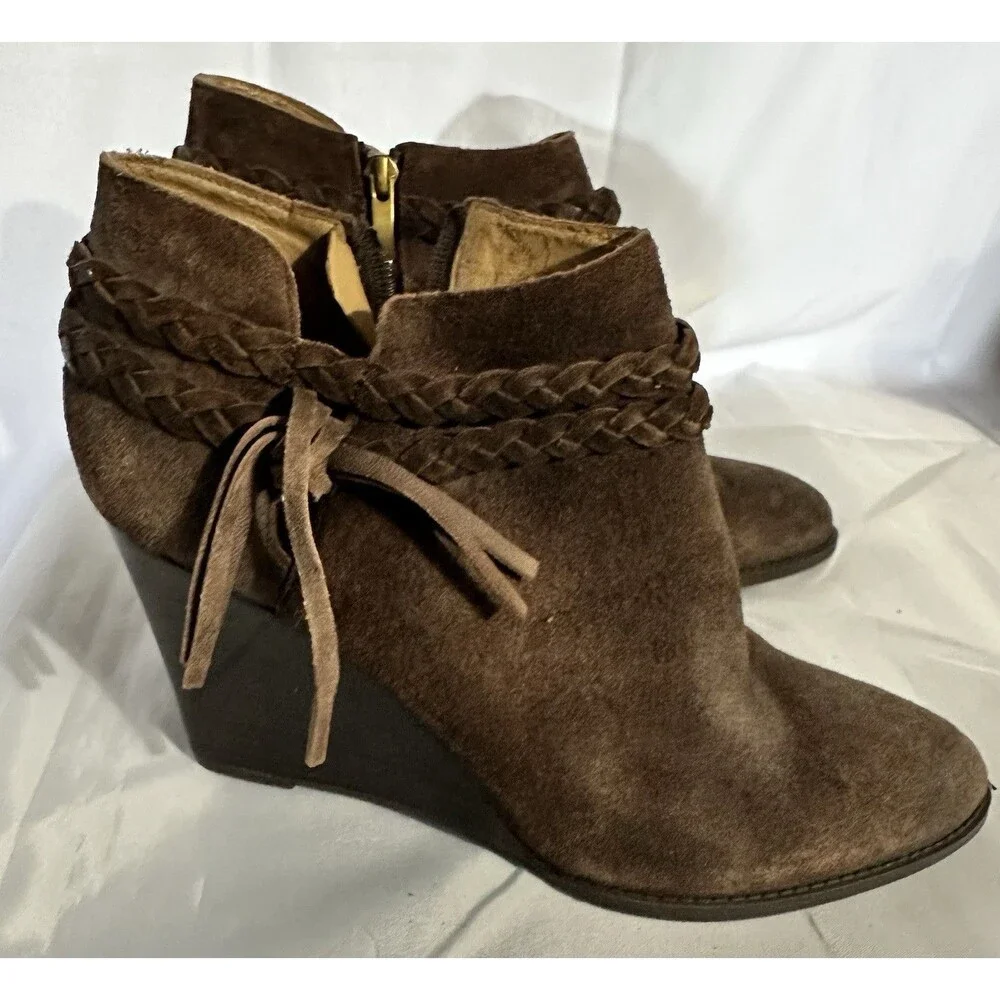 Franco Sarto Brown Suede Wedge Booties Braided Tassel Boho Womens 10